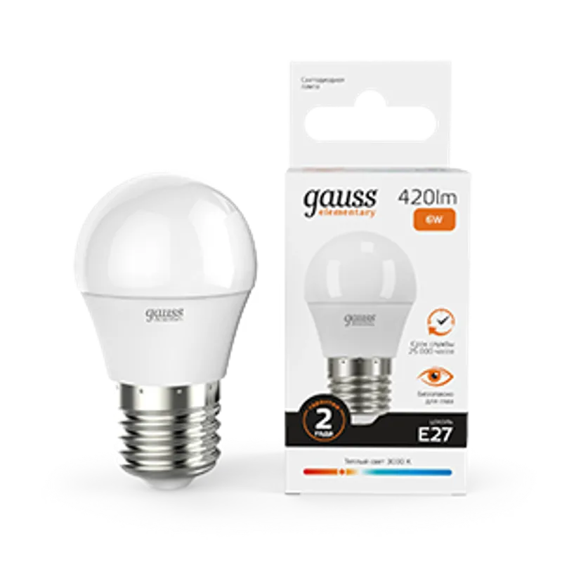 Лампа светодиодная LED 6Вт E27 220В 2700К Elementary шар | 53216 | Gauss — фото