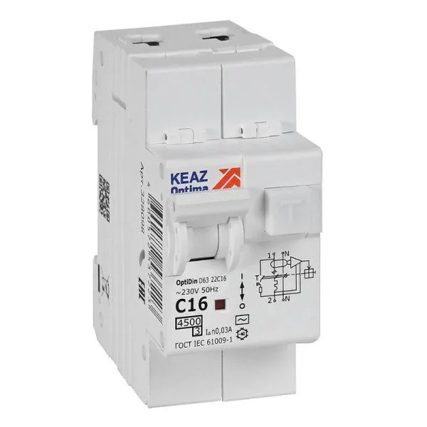 Выключатель автоматический дифференциального тока OptiDin D63-22C16-AC-У3 (2P, C16, 30mA, 4,5кА) | 328098 | КЭАЗ — фото