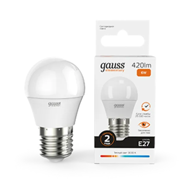 Лампа светодиодная LED 6Вт E27 220В 2700К Elementary шар | 53216 | Gauss — фото