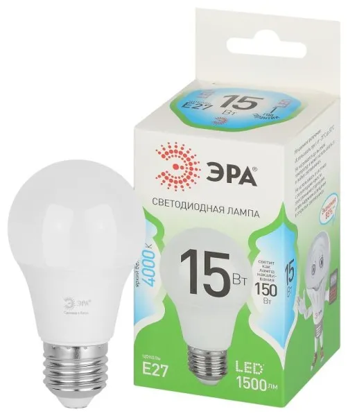 Лампа светодиодная  GREEN LINE LED A60-15W-840-E27 GL E27 15 Вт груша яркий белый свет | Б0067128 | ЭРА — фото