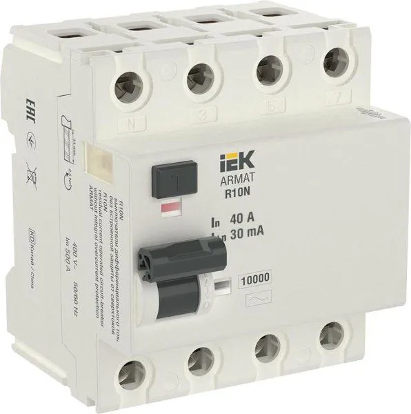 Выключатель дифференциальный (УЗО) R10N 4P 40А 30мА тип AC ARMAT | AR-R10N-4-040C030 | IEK — фото
