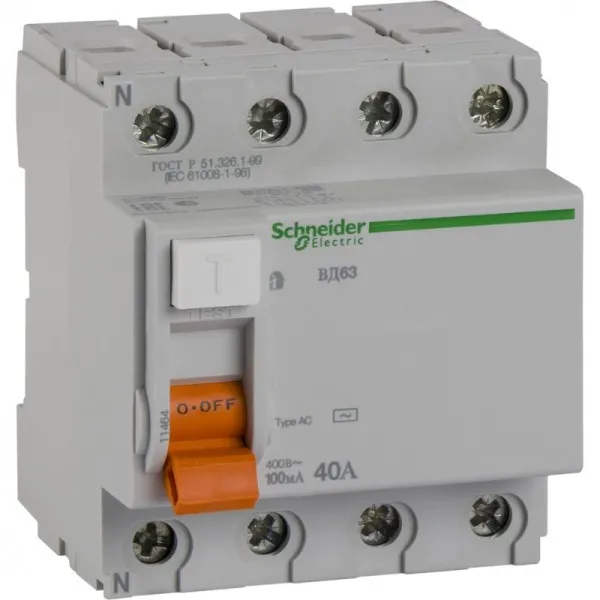 Выключатель дифференциальный (УЗО) ВД63 4п 40А 100мА тип AC | 11464 | Schneider Electric — фото