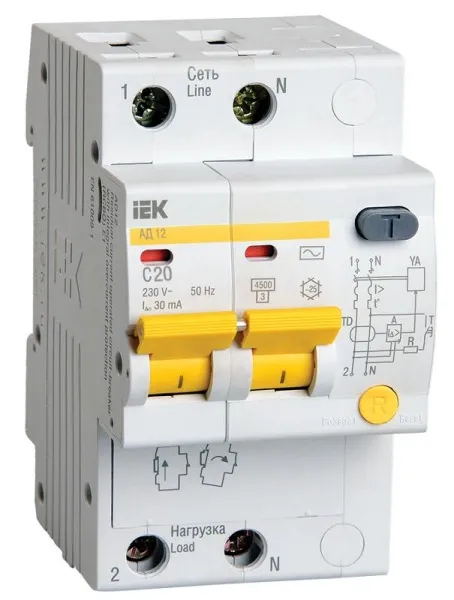 Выключатель автоматический дифференциального тока АД12 2п 20А C 30мА тип AC (3 мод) | MAD10-2-020-C-030 | IEK — фото