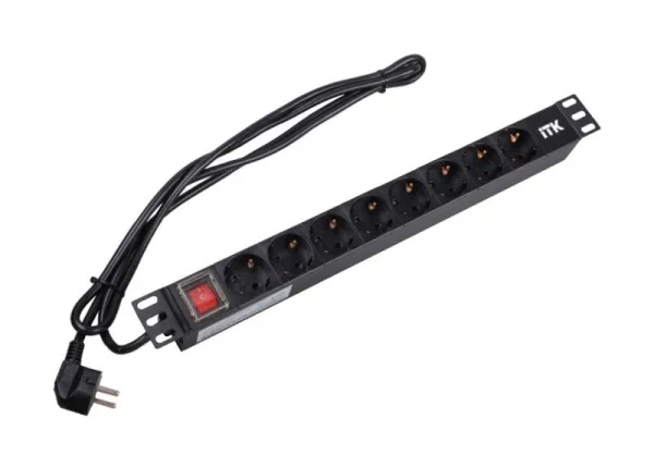 Блок розеток 19 (8шт)PDU с LED выключателем ПВХ 1U шнур 2м вилка DIN49440 (нем.станд) | PH12-8D1-P | ITK — фото