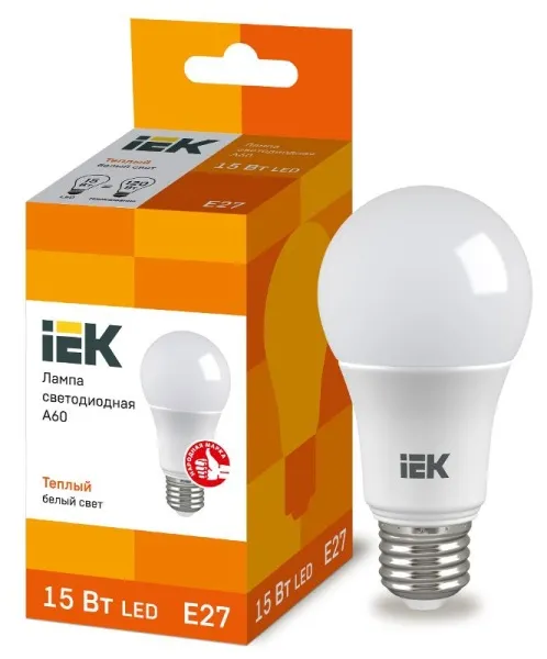 Лампа светодиодная LED 15Вт Е27 220В 3000К A60 груша | LLE-A60-15-230-30-E27 | IEK — фото