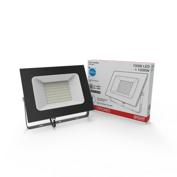 Прожектор светодиодный LED Elementary 100W 6600lm IP65 6500К черный ПРОМО 1/10 | 613100100P | Gauss — фото