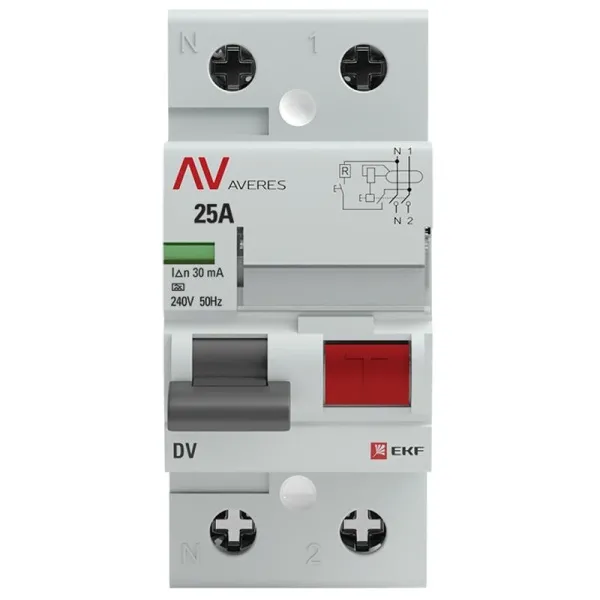 Выключатель дифференциальный (УЗО) DV 2п 25А 30мА тип A AVERES | rccb-2-25-30-a-av | EKF — фото