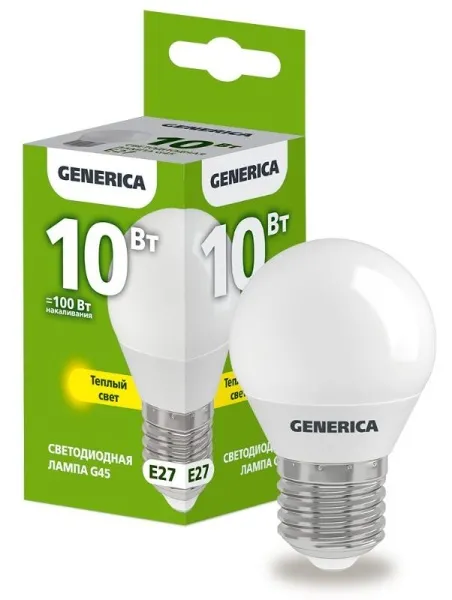 Лампа светодиодная G45 шар 10Вт 230В 3000К E27 | LL-G45-10-230-30-E27-G | GENERICA — фото
