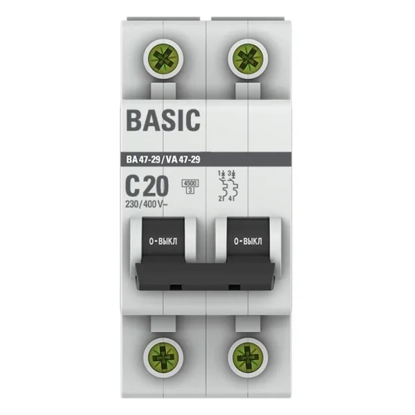 Выключатель автоматический двухполюсный ВА 47-29 20А C 4,5кА Basic | mcb4729-2-20C | EKF — фото