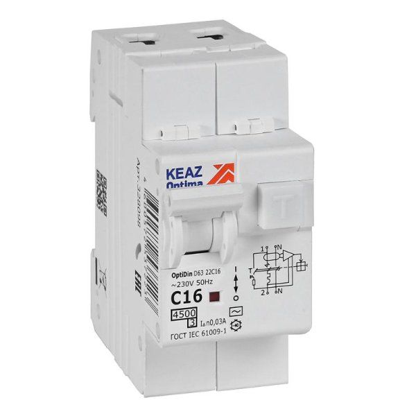 Выключатель автоматический дифференциального тока OptiDin D63-22C16-AC-У3 (2P, C16, 30mA, 4,5кА) | 328098 | КЭАЗ — фото