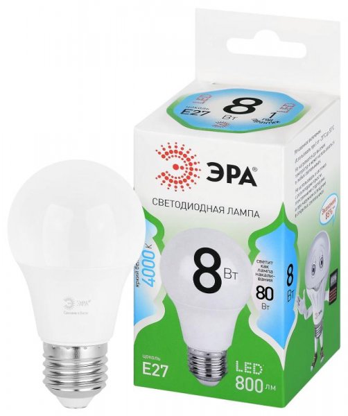 Лампа светодиодная  GREEN LINE LED A60-8W-840-E27 GL E27 8 Вт груша яркий белый свет | Б0067139 | ЭРА — фото