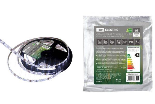 Лента светодиодная SMD2835-120 LED/м-IP20-12 В-9,6 Вт/м-6000 К (5 м) | SQ0331-0307 | TDM — фото