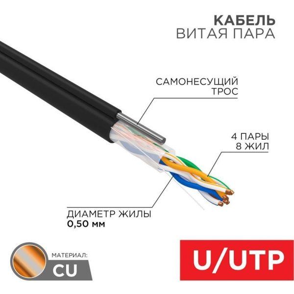 Кабель UTP  4PR  24AWG  CAT5e  305м  OUTDOOR + ТРОС*1 | 01-0046 | REXANT — фото