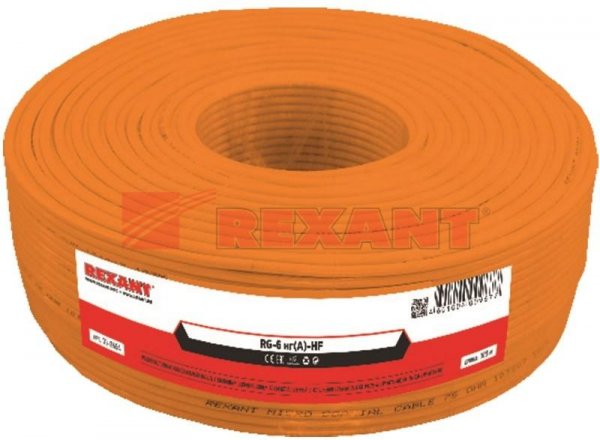 Кабель коаксиальный REXANT RG-6U+Cu нг(А)-HF, Cu/Al/Cu, 64%, 75 Ом, бухта 100 м, оранжевый|01-2654|Rexant — фото