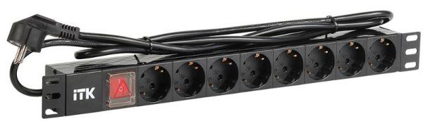 Блок розеток 19 (8шт)PDU с LED выключателем ПВХ 1U шнур 2м вилка DIN49440 (нем.станд) | PH12-8D1-P | ITK — фото