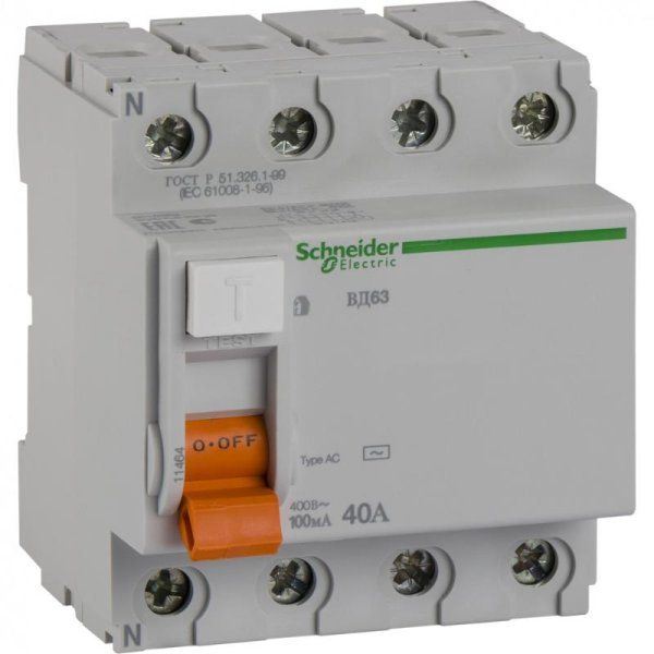 Выключатель дифференциальный (УЗО) ВД63 4п 40А 100мА тип AC | 11464 | Schneider Electric — фото