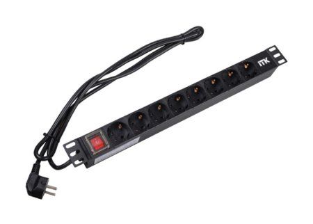 Блок розеток 19 (8шт)PDU с LED выключателем ПВХ 1U шнур 2м вилка DIN49440 (нем.станд) | PH12-8D1-P | ITK — фото