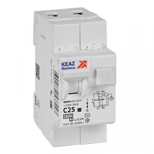 Выключатель автоматический дифференциального тока OptiDin D63-22C25-AC-У3 (2P, C25, 30mA, 4,5кА) | 328100 | КЭАЗ — фото