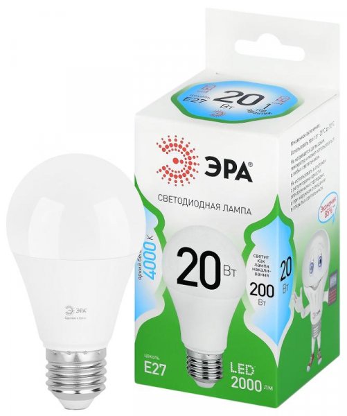Лампа светодиодная  GREEN LINE LED A60-20W-840-E27 GL E27 20 Вт груша яркий белый свет | Б0067116 | ЭРА — фото