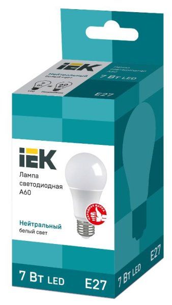 Лампа светодиодная LED 7Вт Е27 220В 4000К A60 груша | LLE-A60-7-230-40-E27 | IEK — фото